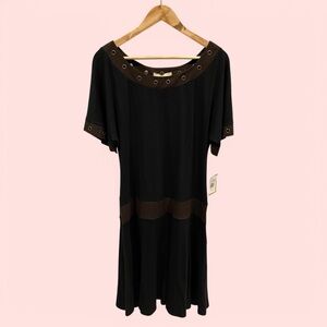 Y2K NWT flowy drop waist grommet hole trim short sleeve mini dress black brown